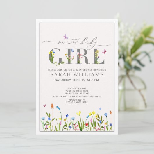 ワイルドフラワーかわいらしスウィートベビーガールスクリプトシャワー 招待状 (スタンド正面)