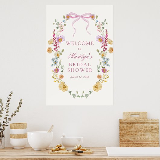 ワイルドフラワーかわいらしピンクボウブライダルシャワーへようこそ ポスター (キッチン)
