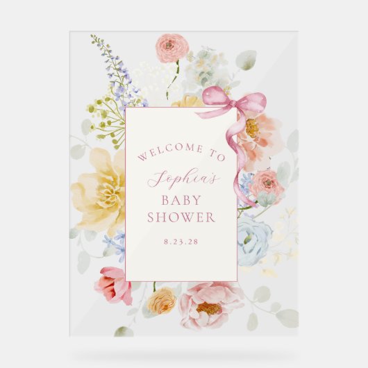ワイルドフラワーかわいらしピンクボウ赤ちゃんシャワーへようこそ アクリルサイン (正面)