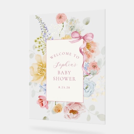 ワイルドフラワーかわいらしピンクボウ赤ちゃんシャワーへようこそ アクリルサイン (傾斜)
