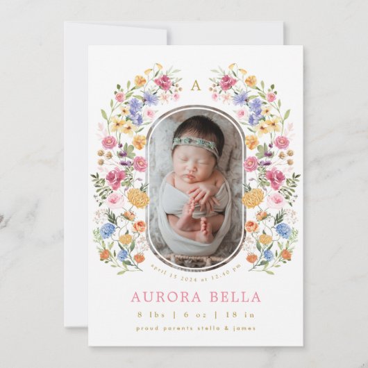 ワイルドフラワーかわいらしベビーガール誕生のお知らせ 招待状 (正面)