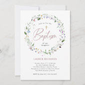 ワイルドフラワーかわいらしリースとクロス |バプテスマ 招待状 (正面)