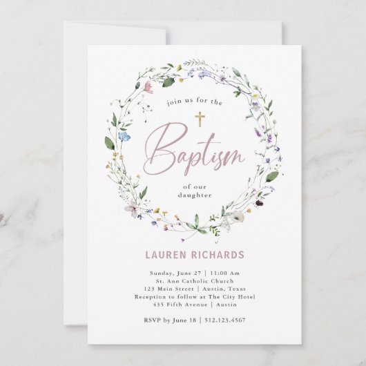 ワイルドフラワーかわいらしリースとクロス |バプテスマ 招待状 (正面)