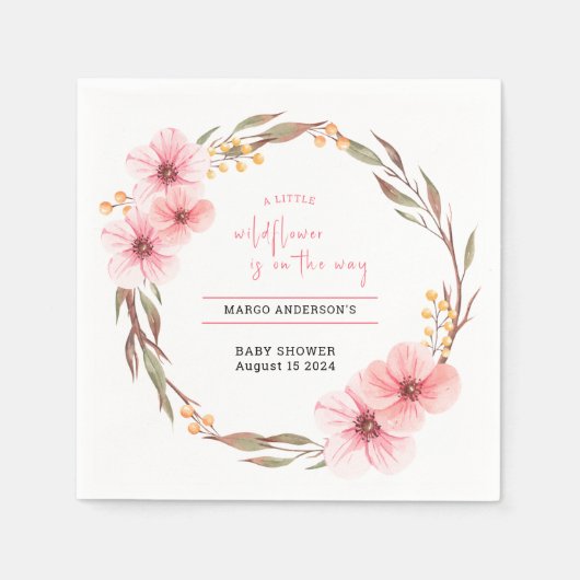 ワイルドフラワーがピンクの赤ちゃんシャワーの途中にある スタンダードカクテルナプキン (正面)