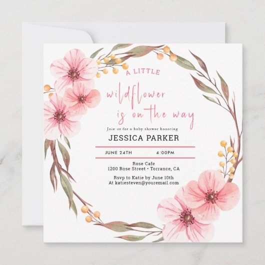 ワイルドフラワーがピンクの赤ちゃんシャワーの途中にある 招待状 (正面)