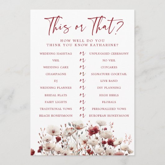 ワイルドフラワーがブライダルシャワーゲームを知る 招待状 (正面)