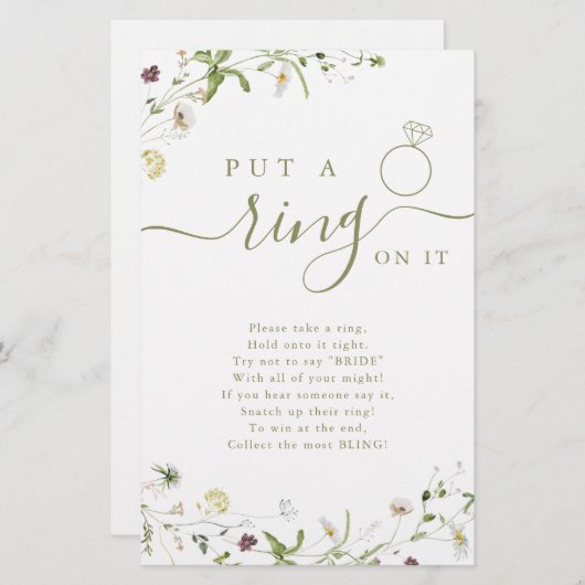 ワイルドフラワーがリングを入れたブライダルシャワーゲーム (正面/裏面)