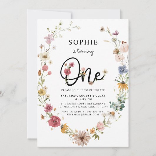 ワイルドフラワーが一歳の誕生日を迎える少女 招待状 (正面)