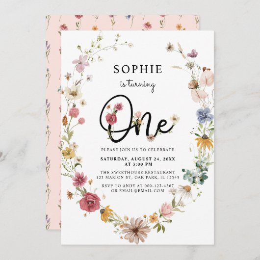 ワイルドフラワーが一歳の誕生日を迎える少女 招待状 (正面/裏面)