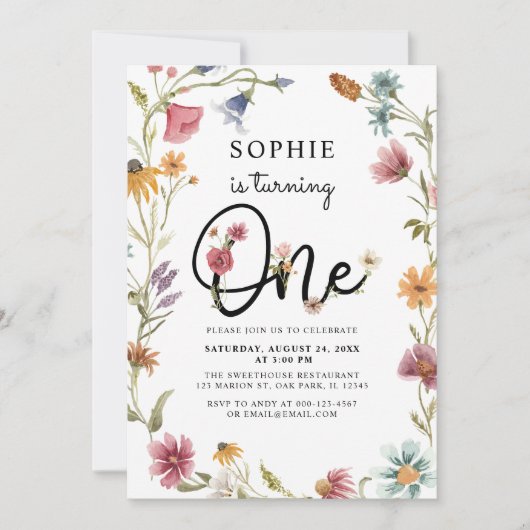 ワイルドフラワーが女の子1歳の誕生日を飾る 招待状 (正面)