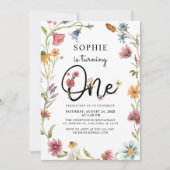 ワイルドフラワーが女の子1歳の誕生日を飾る 招待状 (正面)