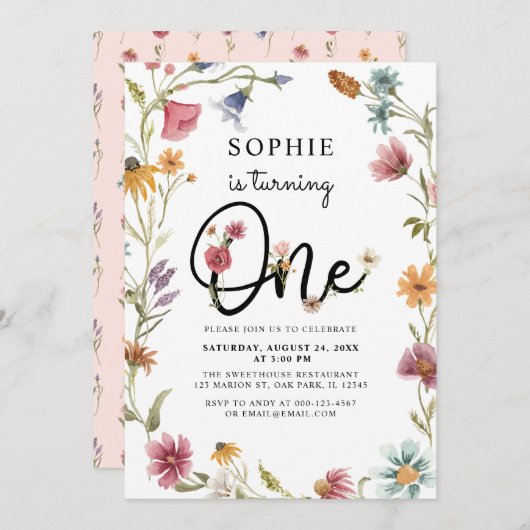 ワイルドフラワーが女の子1歳の誕生日を飾る 招待状 (正面/裏面)
