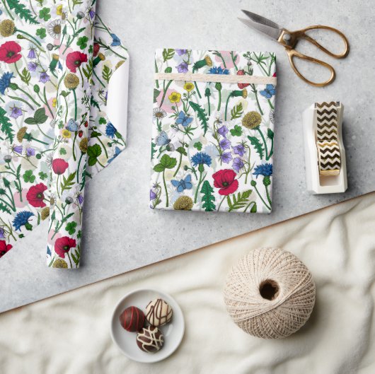 ワイルドフラワーが白いオフ ラッピングペーパー (クラフト)