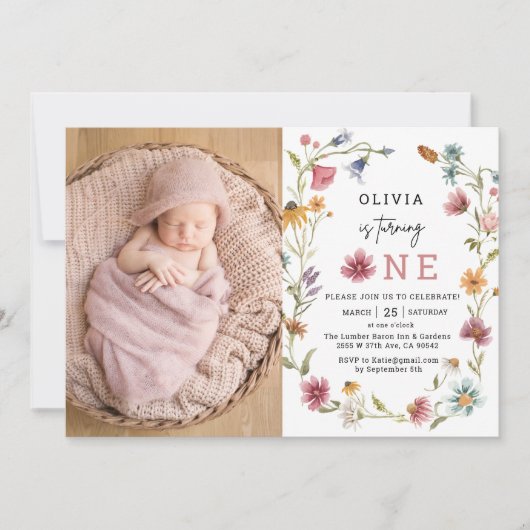 ワイルドフラワーが誕生日の一枚の写真を撮る 招待状 (正面)