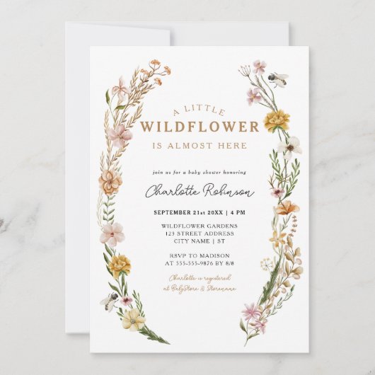 ワイルドフラワーが途中にある赤ちゃんシャワーフローラ 招待状 (正面)