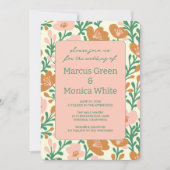 ワイルドフラワーつる植物ピンクカスタムグリーンQRコー結婚ド 招待状 (正面)