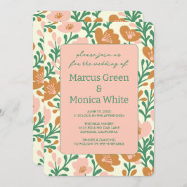 ワイルドフラワーつる植物ピンクカスタムグリーンQRコー結婚ド 招待状