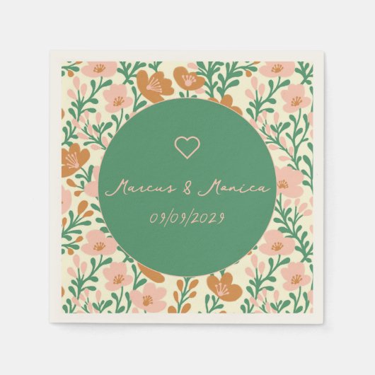 ワイルドフラワーつる植物ピンクグリーンエレガントウェディングカスタム スタンダードカクテルナプキン (正面)