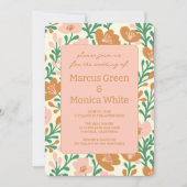 ワイルドフラワーつる植物ピンクグリーンカスタムウェディング 招待状 (正面)