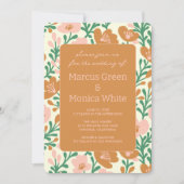 ワイルドフラワーつる植物ピンクグリーンカスタムウェディング 招待状 (正面)