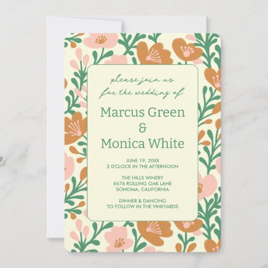 ワイルドフラワーつる植物ピンクグリーンカスタムウェディング 招待状 (正面)