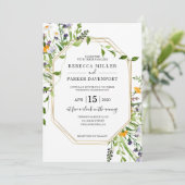 ワイルドフラワーとゴールドジオメトリックの結婚式招待状 招待状 (スタンド正面)