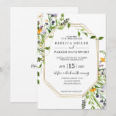 ワイルドフラワーとゴールドジオメトリックの結婚式招待状 招待状 (正面/裏面)