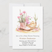 ワイルドフラワーとハットウォーター色女性のカーボーイベビーシャワー 招待状 (正面)