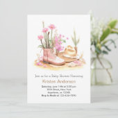 ワイルドフラワーとハットウォーター色女性のカーボーイベビーシャワー 招待状 (スタンド正面)