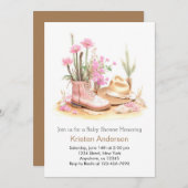 ワイルドフラワーとハットウォーター色女性のカーボーイベビーシャワー 招待状 (正面/裏面)