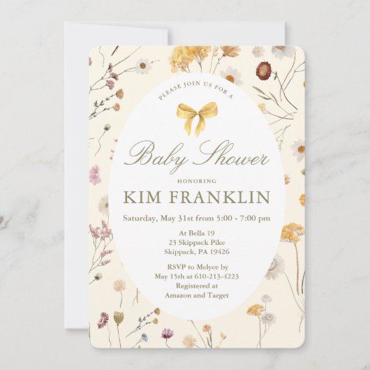 ワイルドフラワーとバウ男女兼用ベビーシャワー 招待状 (正面)