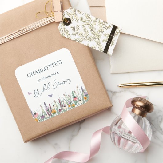 ワイルドフラワーとバタフライのブライズシャワーパーティー スクエアシール (ギフト)