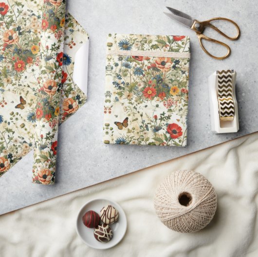 ワイルドフラワーとバタフライデコップページ：ヴィンテージアート ラッピングペーパー (クラフト)