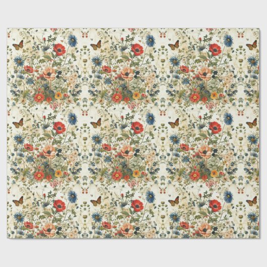 ワイルドフラワーとバタフライデコップページ:ヴィンテージアート ラッピングペーパー (フラット)