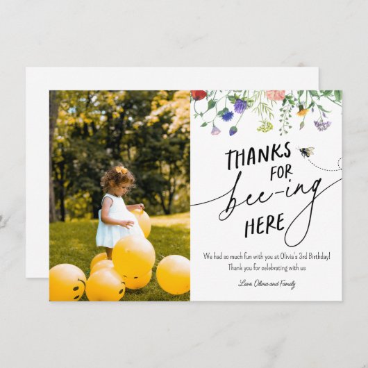 ワイルドフラワーとビー誕生日ありがとうフォトカード ノートカード (正面/裏面)