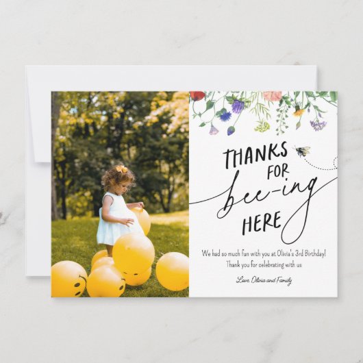 ワイルドフラワーとビー誕生日ありがとうフォトカード ノートカード (正面)