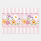 ワイルドフラワーとピンクのストライプ誕生日 ラッピングペーパーシート (正面)