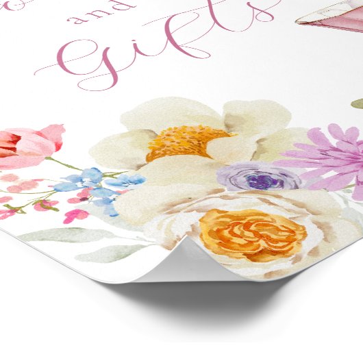 ワイルドフラワーとピンクのティーカップ本とギフトサイン ポスター (角)