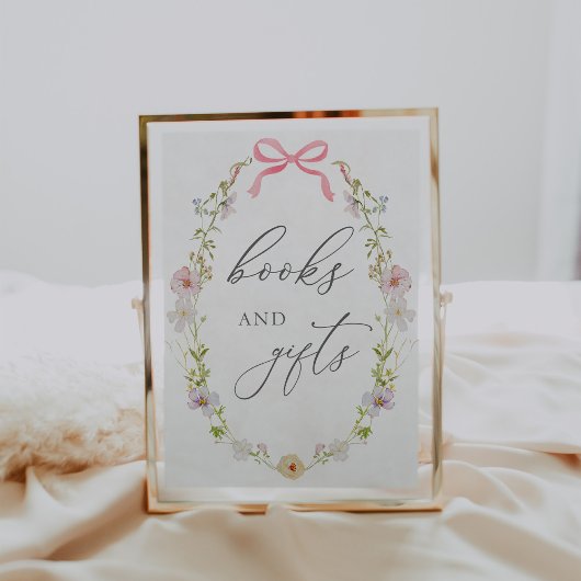ワイルドフラワーとピンクの弓の本とギフトサイン ポスター