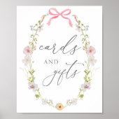 ワイルドフラワーとピンクの弓カードとギフトサイン ポスター (正面)