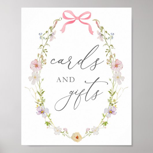 ワイルドフラワーとピンクの弓カードとギフトサイン ポスター (正面)
