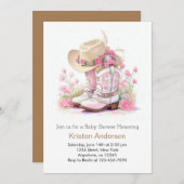 ワイルドフラワーとブーツ女性のカーボーイベビーシャワー 招待状 (正面/裏面)