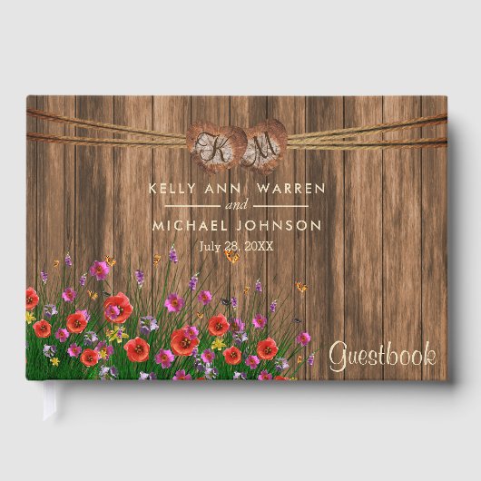 ワイルドフラワーとモノグラム木材ハート- Guestbook ゲストブック (正面)