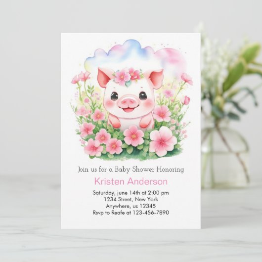 ワイルドフラワーと可愛いピンク色の子女の子の赤ちゃんシャワー 招待状 (スタンド正面)