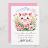 ワイルドフラワーと可愛いピンク色の子女の子の赤ちゃんシャワー 招待状 (正面/裏面)