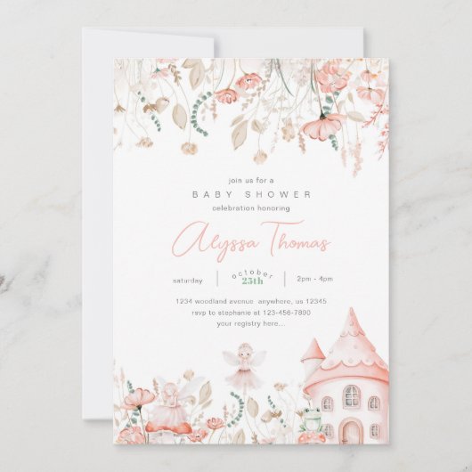 ワイルドフラワーと妖精の赤ちゃんシャワー 招待状 (正面)