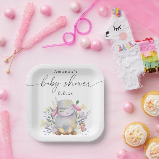 ワイルドフラワーと子羊 – 赤ちゃんシャワー ペーパープレート (パーティー)