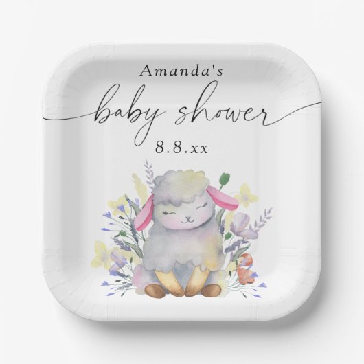 ワイルドフラワーと子羊 – 赤ちゃんシャワー ペーパープレート (正面)