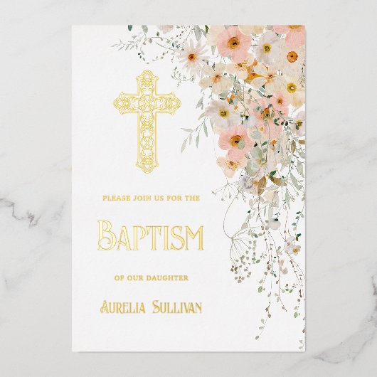 ワイルドフラワーと緑の洗礼箔招待状 箔招待状 (正面)