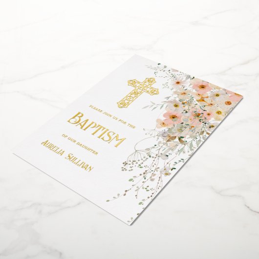 ワイルドフラワーと緑の洗礼箔招待状 箔招待状 (回転した状態)